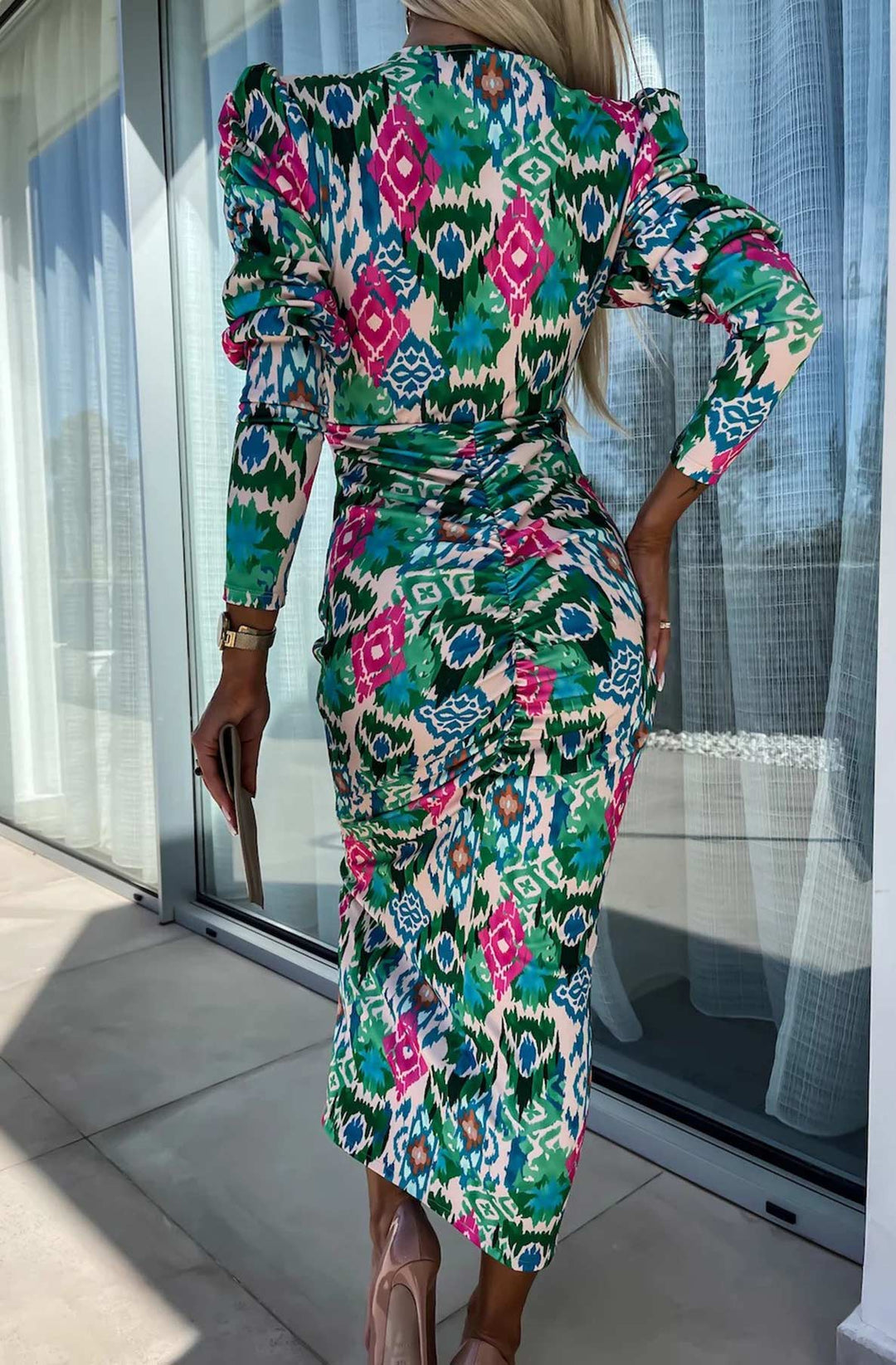 Lucy Abstract Print Bodycon Ruched Midaxi Dress