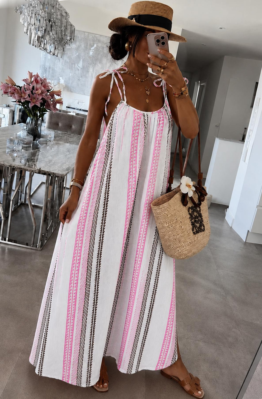 Kimberly Cotton Gauze Style Tie-Up Aztec Print Maxi Dress-Ivory