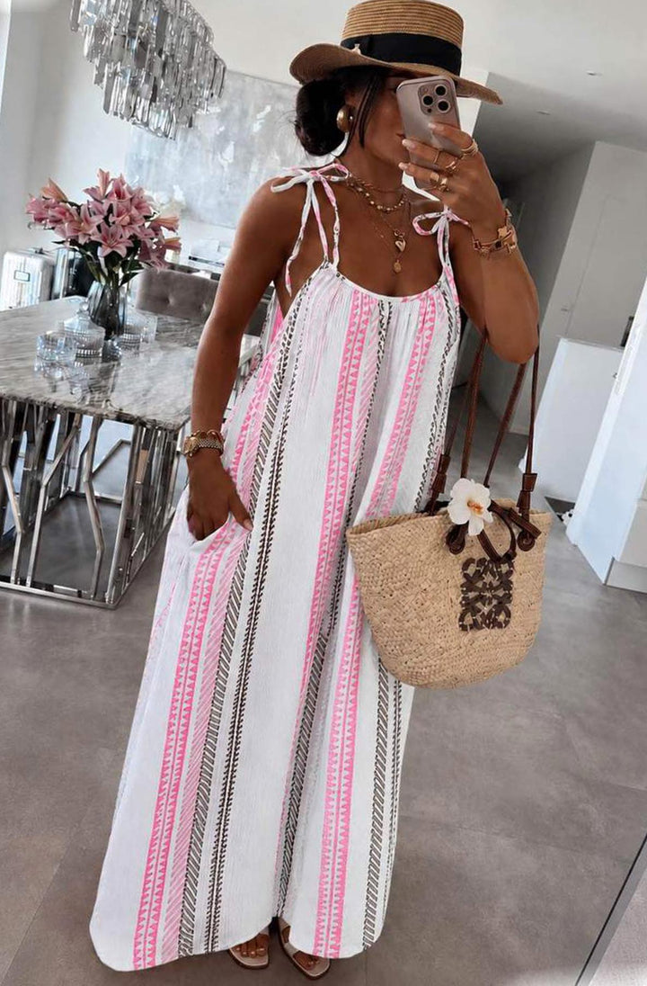 Kimberly Cotton Gauze Style Tie-Up Aztec Print Maxi Dress-Ivory