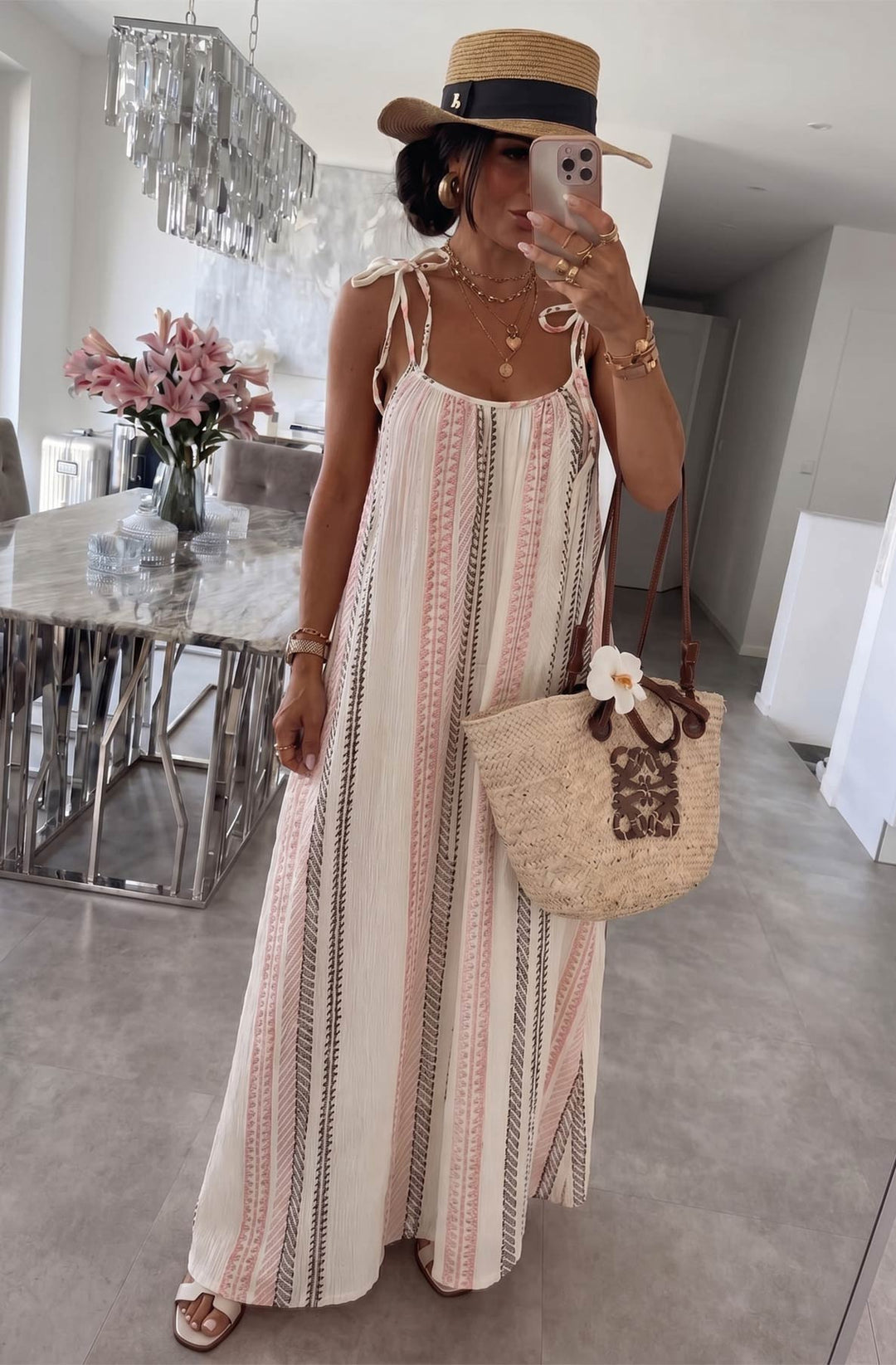 Kimberly Cotton Gauze Style Tie-Up Aztec Print Maxi Dress-Stone