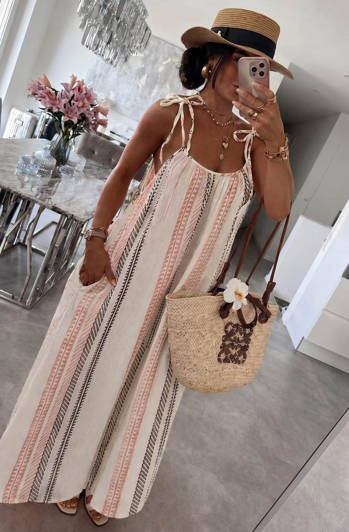 Kimberly Cotton Gauze Style Tie-Up Aztec Print Maxi Dress-Stone