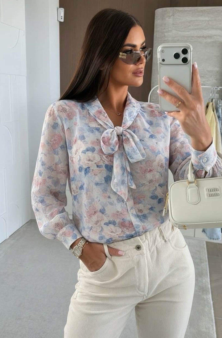 Klara Floral Tie-Neck Sheer Blouse Top-Pink