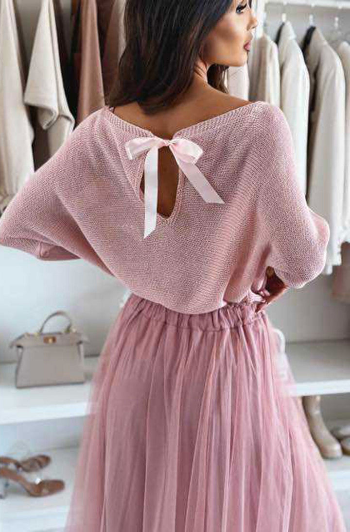 Kori Open Back Bow Light Knitted Sweater Jumper-Dusty Pink