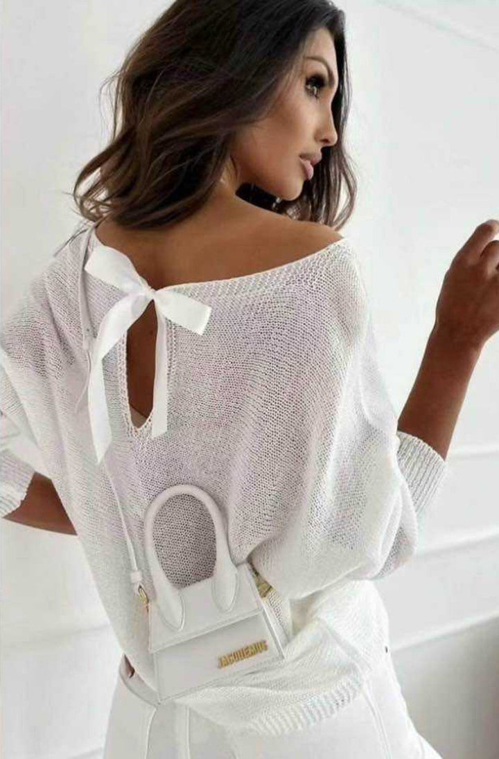 Kori Open Back Bow Light Knitted Sweater Jumper-Ivory