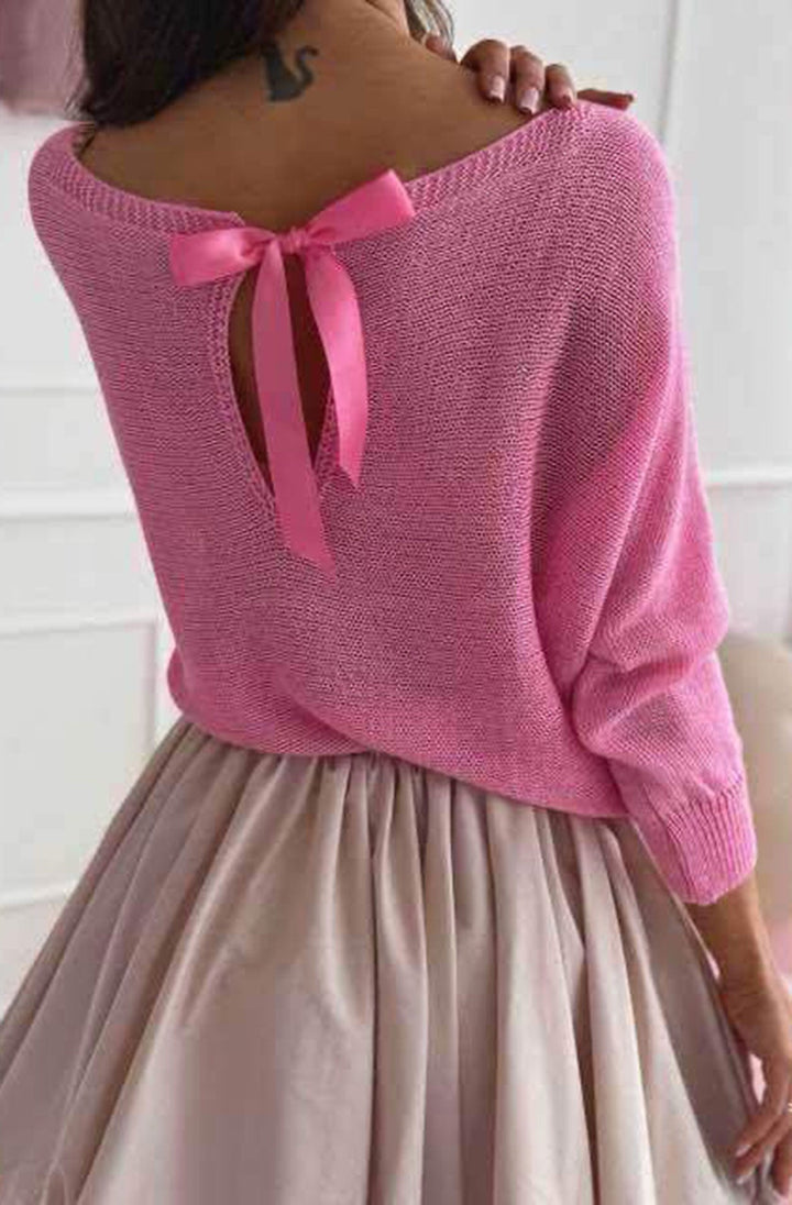 Kori Open Back Bow Light Knitted Sweater Jumper-Pink