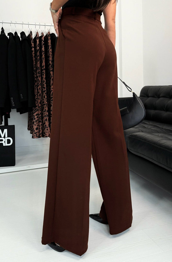 Kym Pocket Detail Wide Leg Trousers-Brown