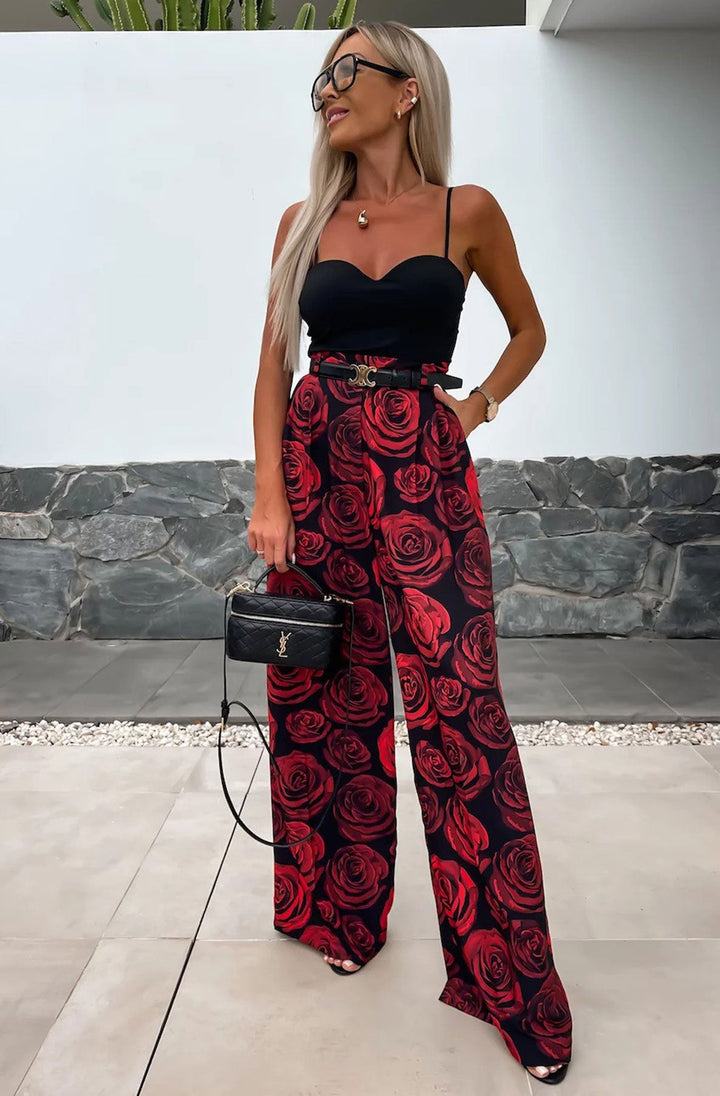 Kym Floral Wide Leg Trousers-Red