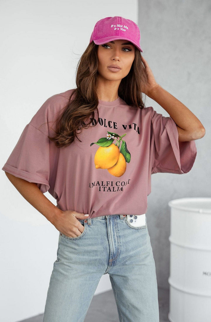 'La Dolce Vita-Amalfi Coast Italia' Graphic Lemon T. Shirt Top-Dusty Pink
