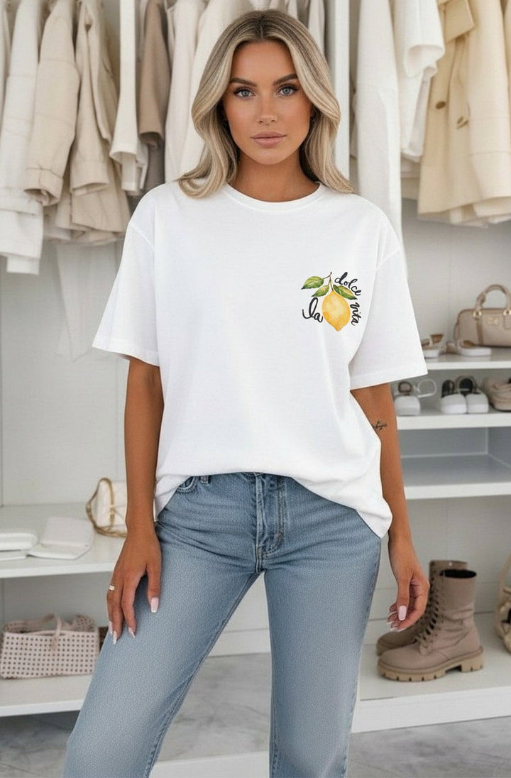 ‘La Dolce Vita' Lemon Oversized Front & Back Graphic Print T-Shirt-Ivory