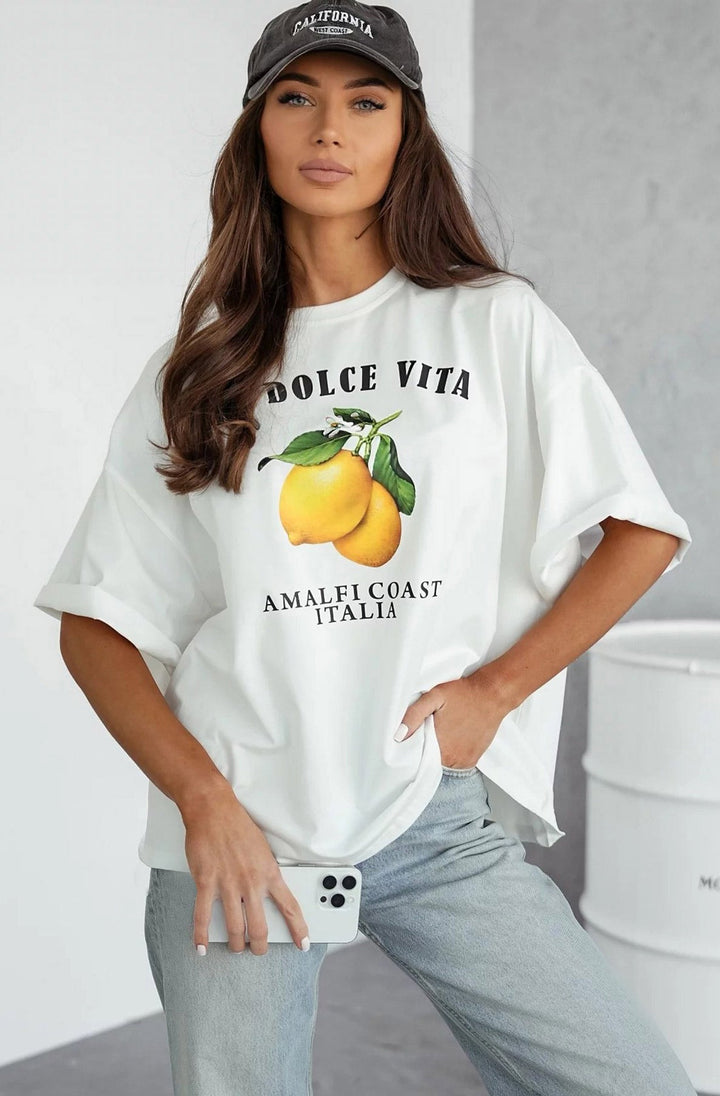'La Dolce Vita-Amalfi Coast Italia' Graphic Lemon T. Shirt Top-Ivory