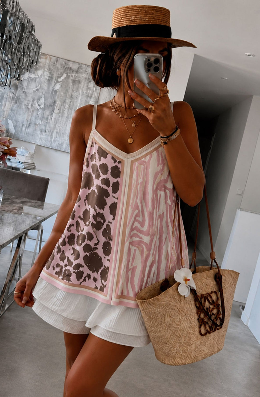 Lara Mixed Animal Print Satin V-Neck Cami Top-Pink