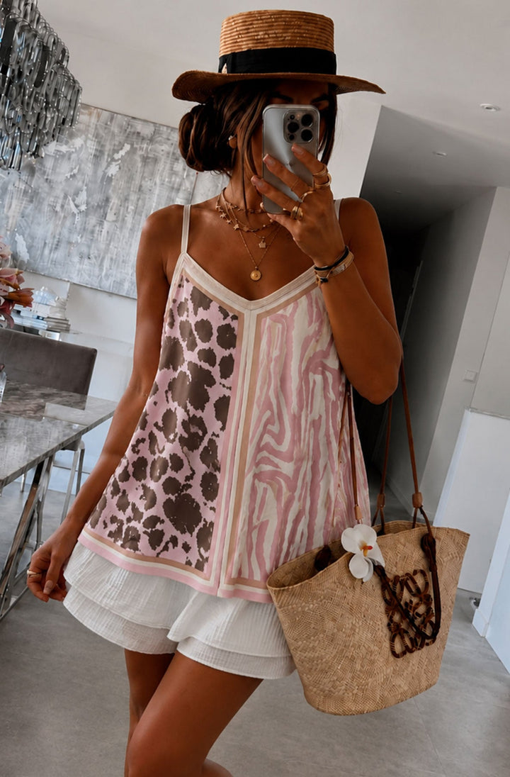 Lara Mixed Animal Print Satin V-Neck Cami Top-Pink