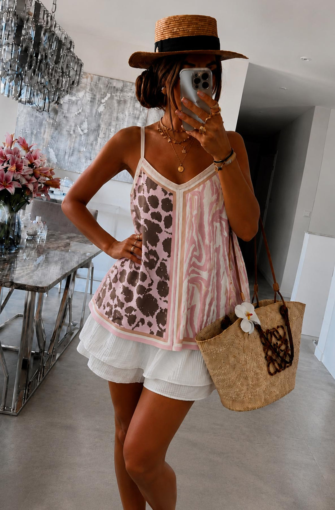 Lara Mixed Animal Print Satin V-Neck Cami Top-Pink