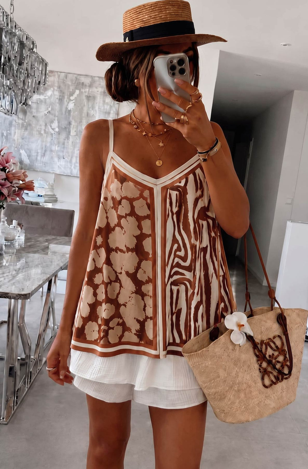 Lara Mixed Animal Print Satin V-Neck Cami Top-Brown