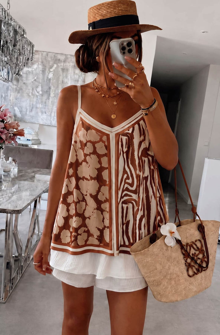 Lara Mixed Animal Print Satin V-Neck Cami Top-Brown