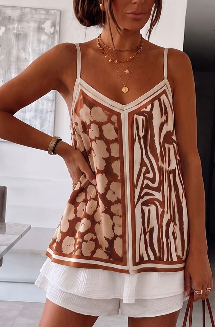 Lara Mixed Animal Print Satin V-Neck Cami Top-Brown