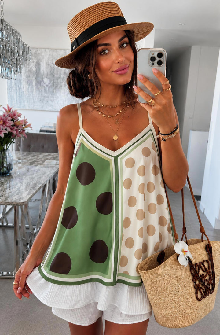 Lara Contrast Polka Dot Satin V-Neck Cami Top-Khaki