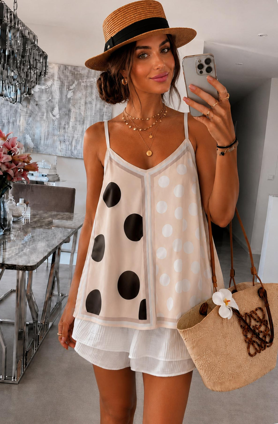 Lara Contrast Polka Dot Satin V-Neck Cami Top-Stone