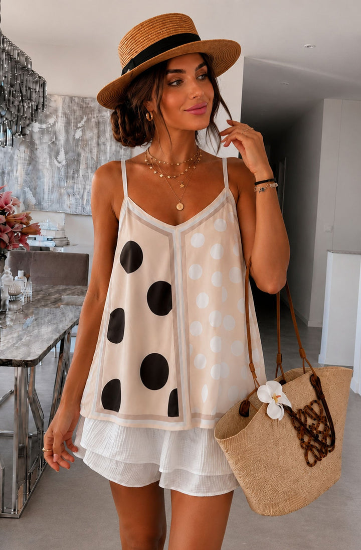 Lara Contrast Polka Dot Satin V-Neck Cami Top-Stone