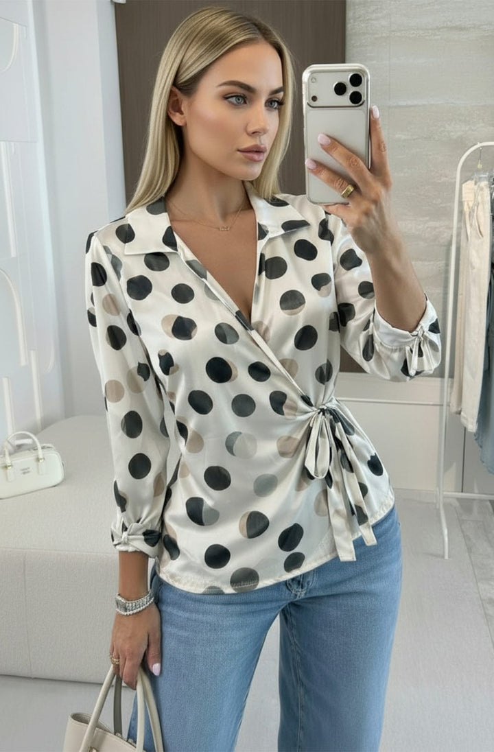 Larissa Satin Abstract Polka Dot Wrap Tie Waist Blouse Top-Black