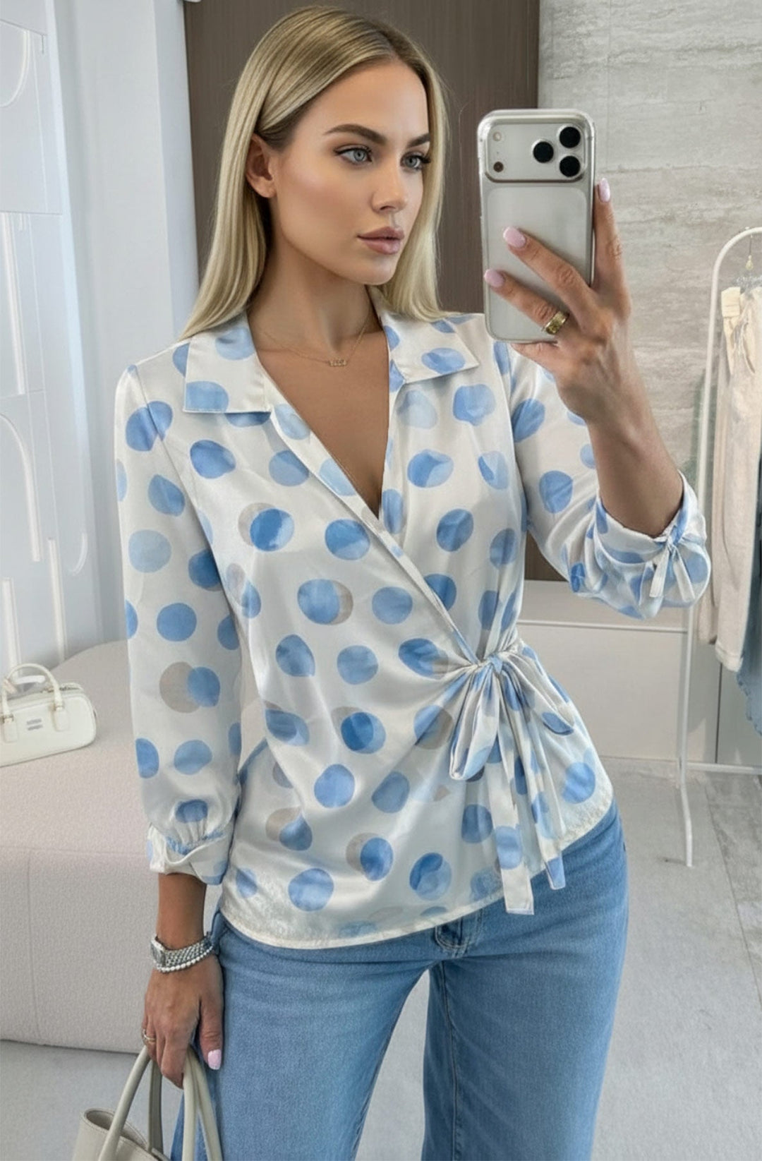 Larissa Satin Abstract Polka Dot Wrap Tie Waist Blouse Top-Blue
