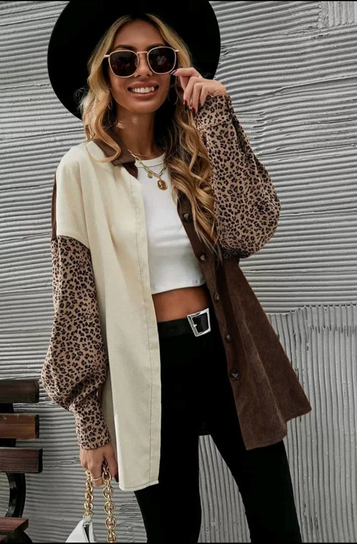 Laurel Corduroy Leopard Patchwork Oversized Shirt Jacket-Brown
