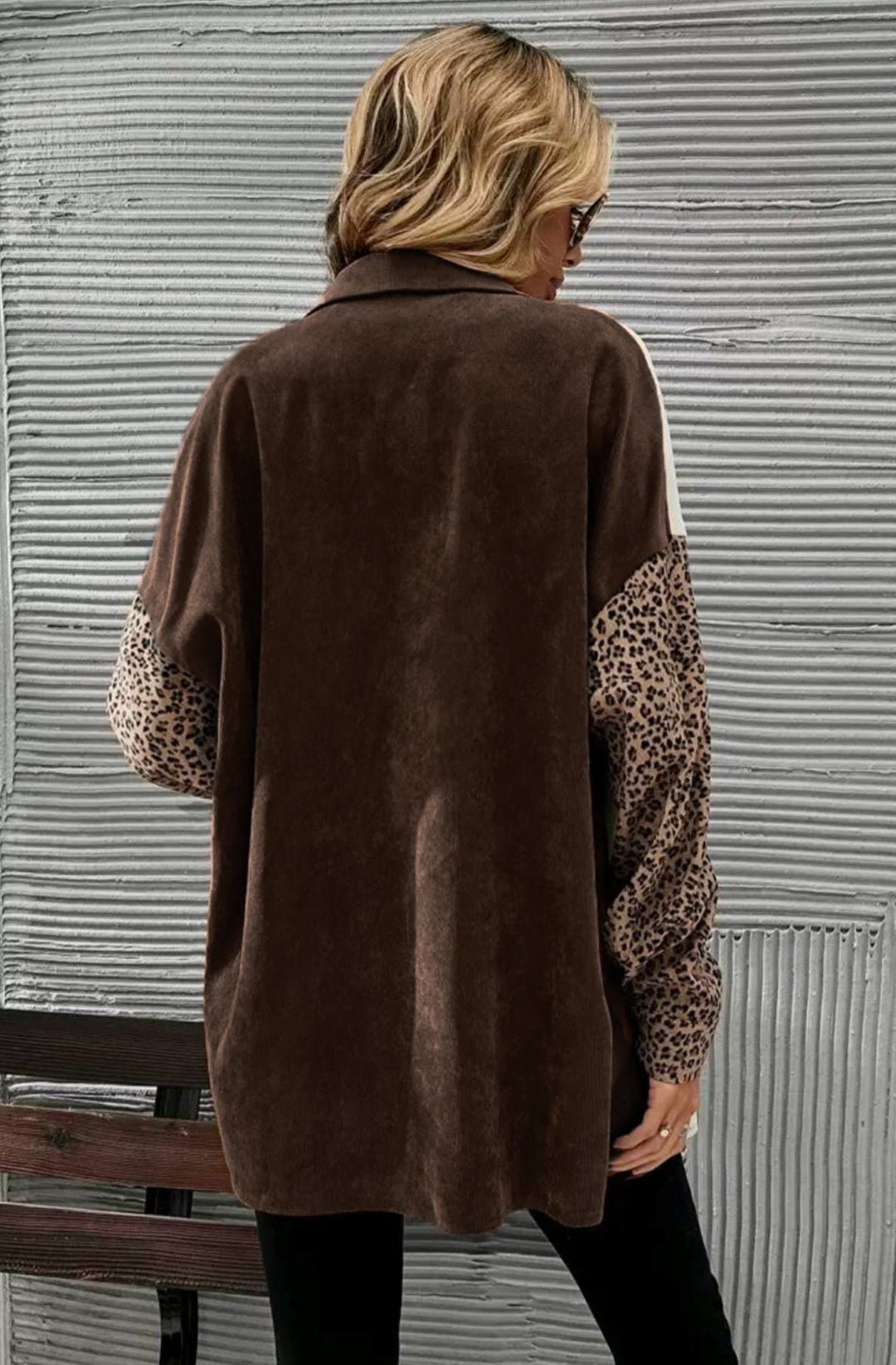 Laurel Corduroy Leopard Patchwork Oversized Shirt Jacket-Brown