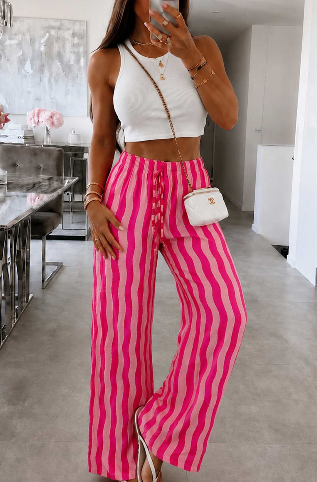 Lexi Wavy Stripe Wide Leg Drawstring Trousers-Hot Pink