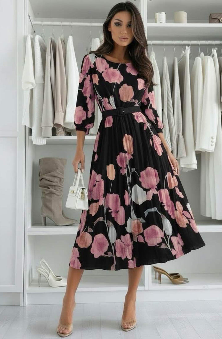 Lilian Floral Pleated Belted Chiffon Maxi Dress