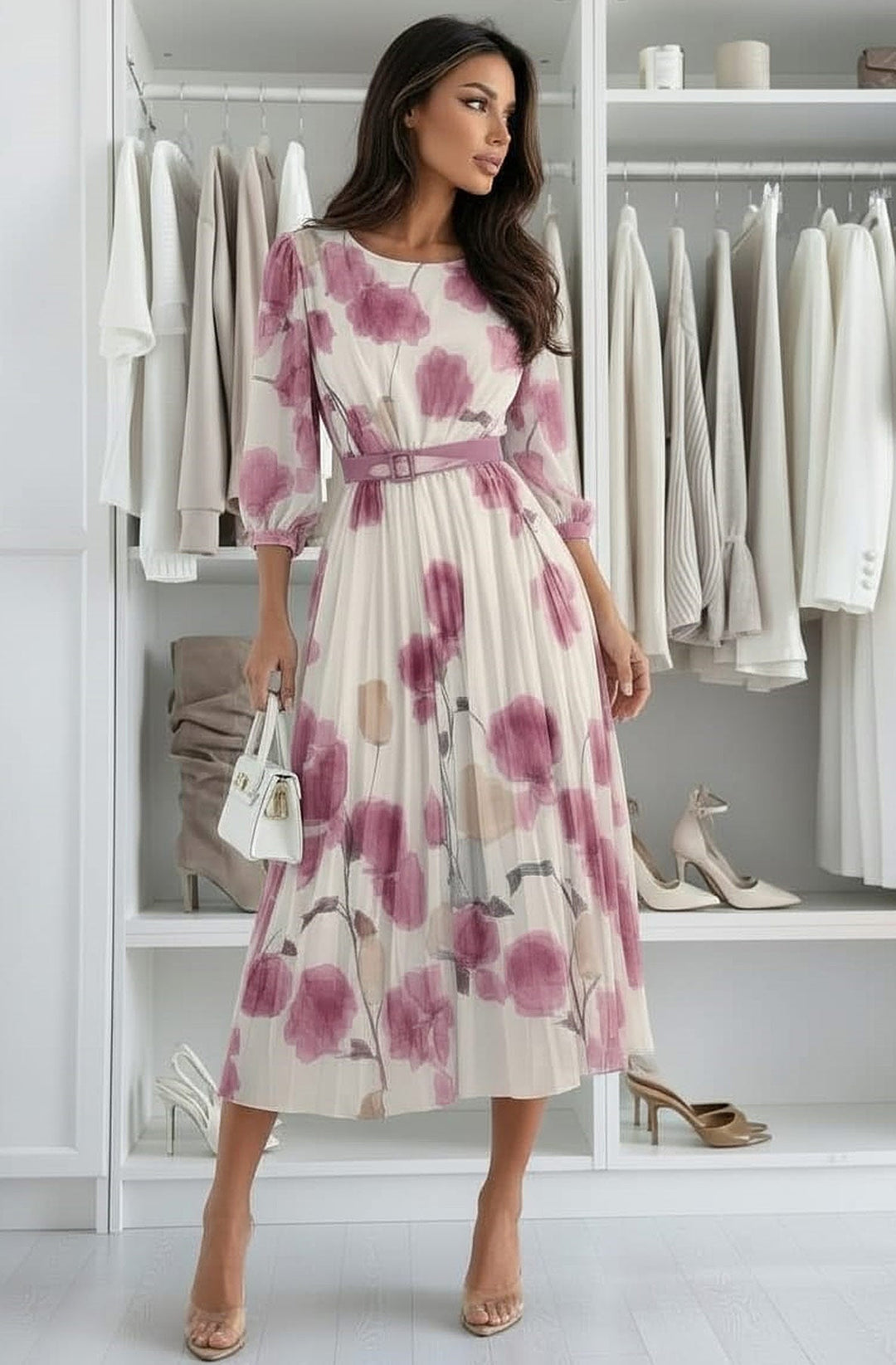 Lilian Floral Pleated Belted Chiffon Maxi Dress-Mauve