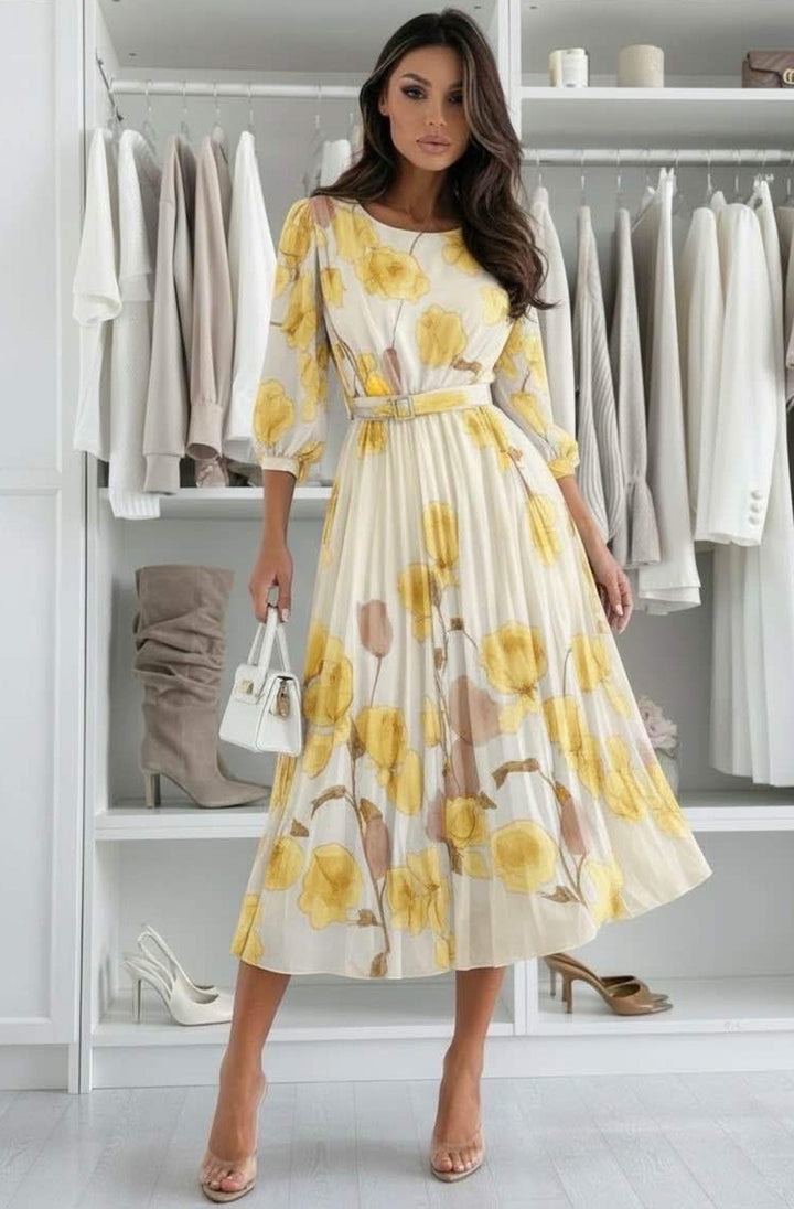 Lilian Floral Pleated Belted Chiffon Maxi Dress