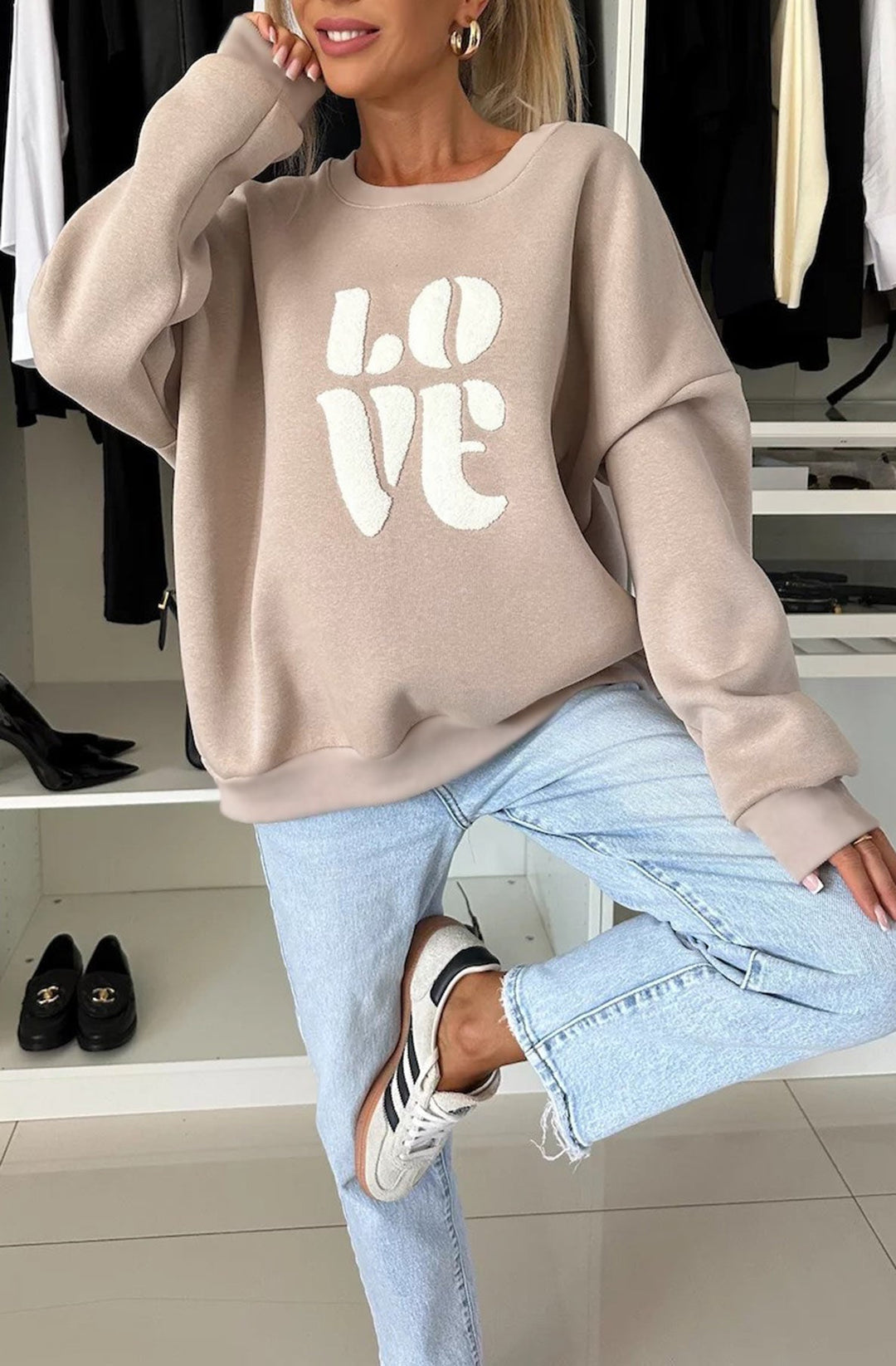 'LOVE' Graphic Printed Jumper Sweater Top-Mocha