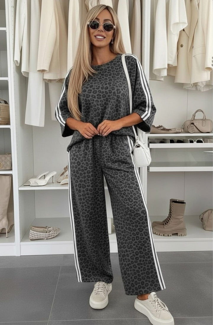 Luciana Leopard Print Two-Piece Lounge Co-Ord Set-Grey