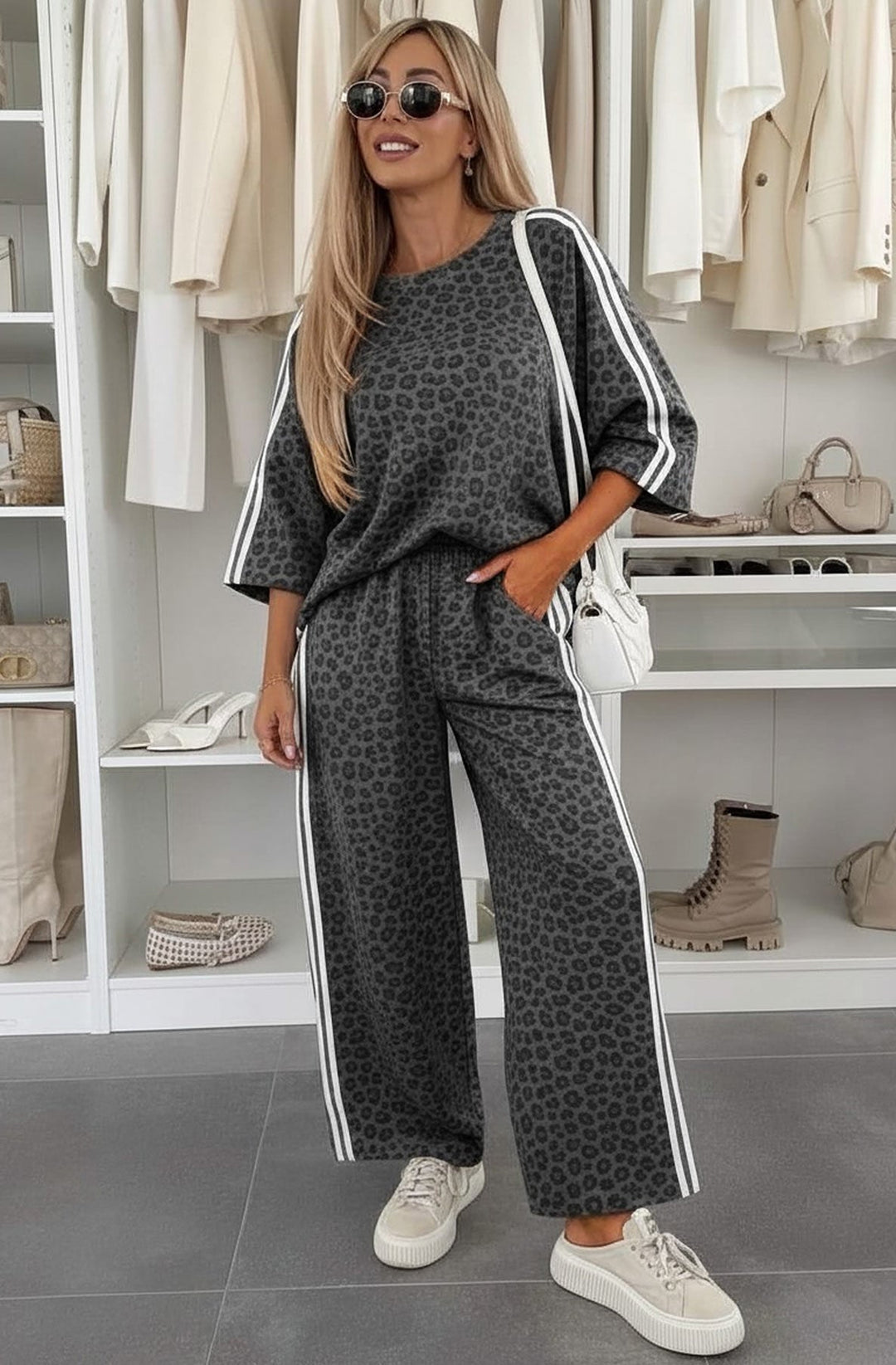 Luciana Leopard Print Two-Piece Lounge Co-Ord Set-Grey