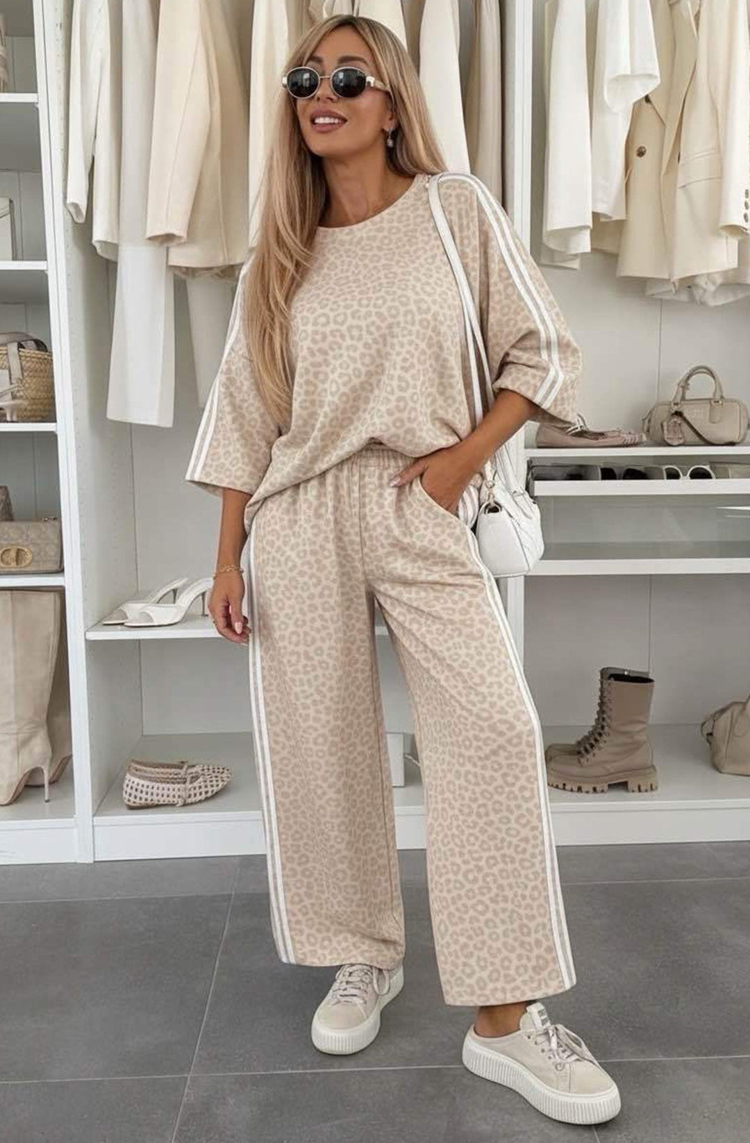 Luciana Leopard Print Two-Piece Lounge Co-Ord Set-Stone