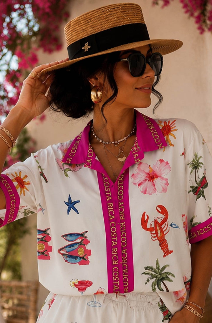 Lumi Costa Rica Print Contrast Two Piece Co-Ord Set-Hot Pink