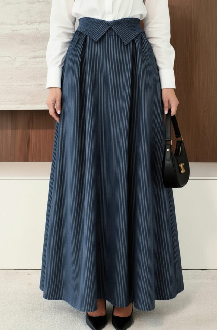 Lynne Collar Waist Striped Maxi Skirt-Navy