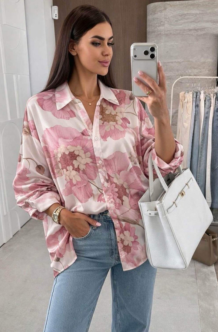 Macey Satin Oversized Floral Batwing Sleeve  Shirt Top-Pink