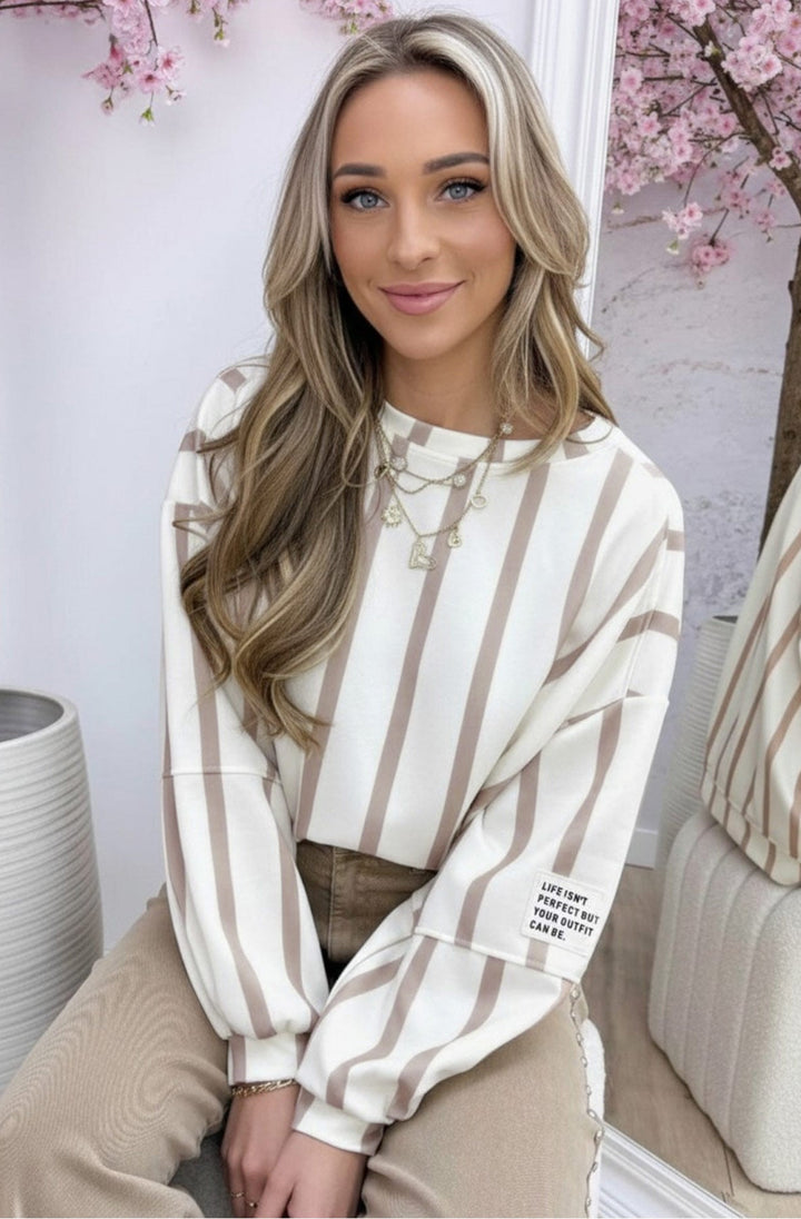 Maisie Oversized Stripe Balloon Sleeve Sweatshirt Top-Ivory