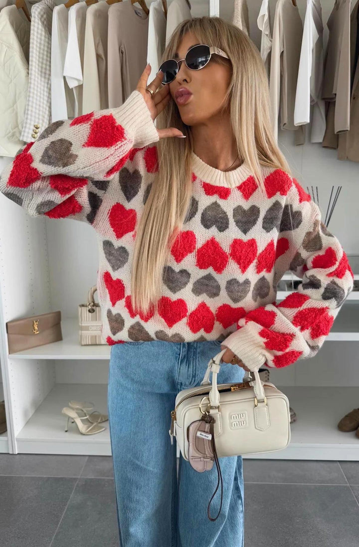 Mandie Contrast Heart Patterned Knitted Jumper-Red