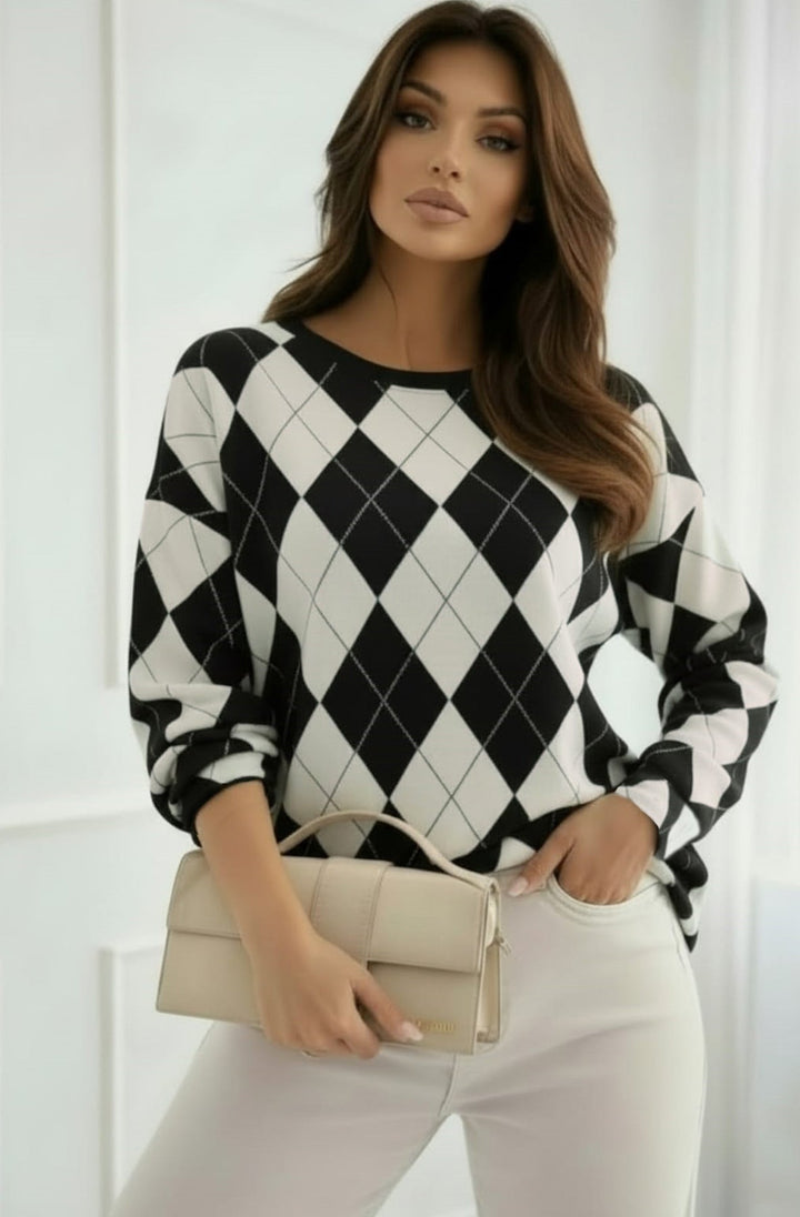 Mara Argyle Diamond Print Long Sleeve Sweatshirt Top