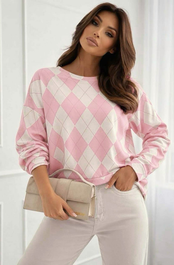 Mara Argyle Diamond Print Long Sleeve Sweatshirt Top