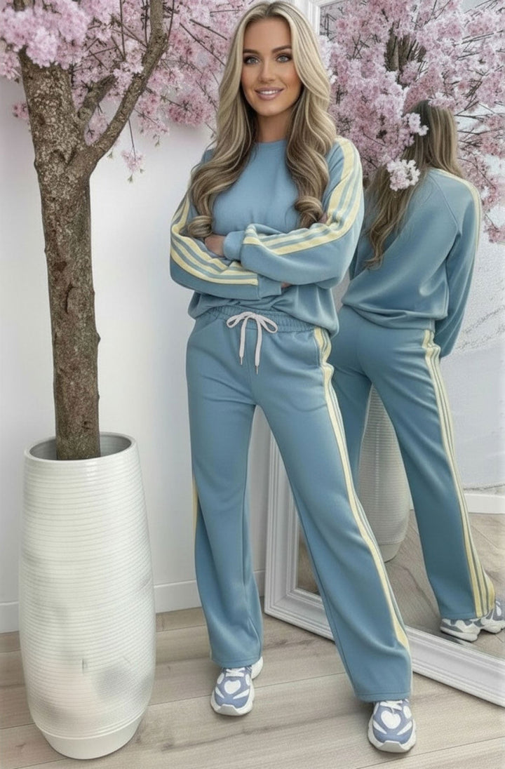 Margot Contrast Side Stripe Relaxed Two-Piece Lounge Set-Blue