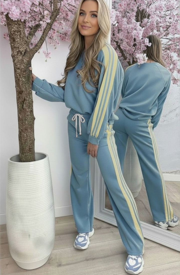 Margot Contrast Side Stripe Relaxed Two-Piece Lounge Set-Blue