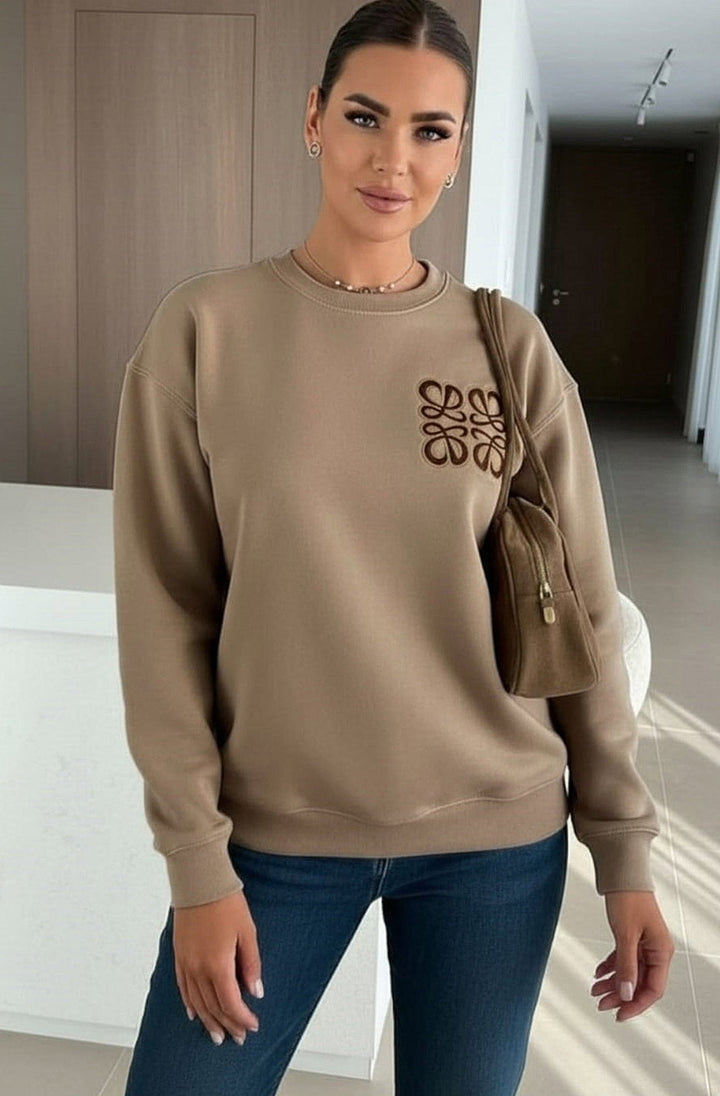 Maris Oversized Embellished Pocket Sweatshirt Top-Camel
