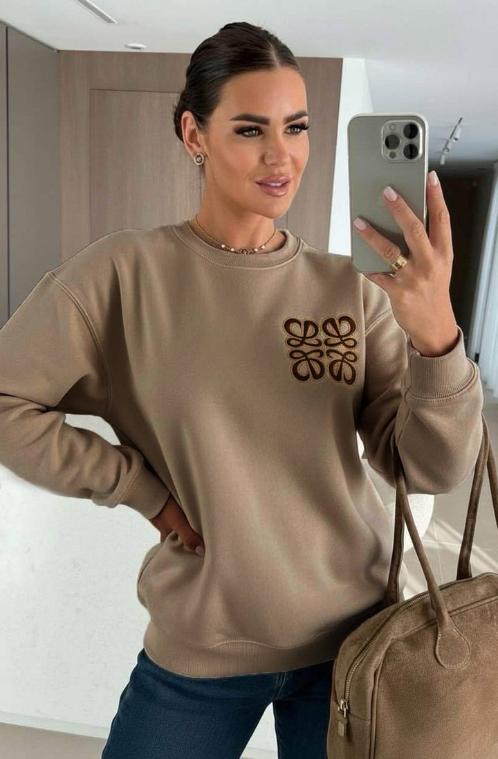 Maris Oversized Embellished Pocket Sweatshirt Top-Camel