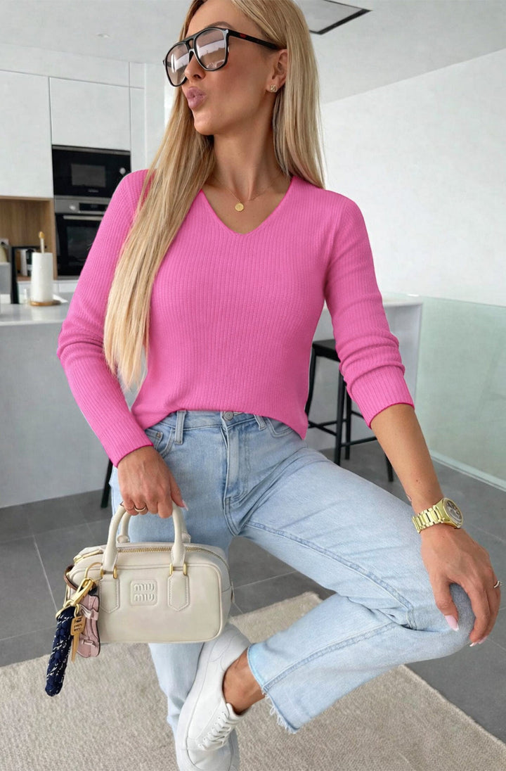 Marlene V-Neck Lightweight Ribbed Knit Top-Hot Pink