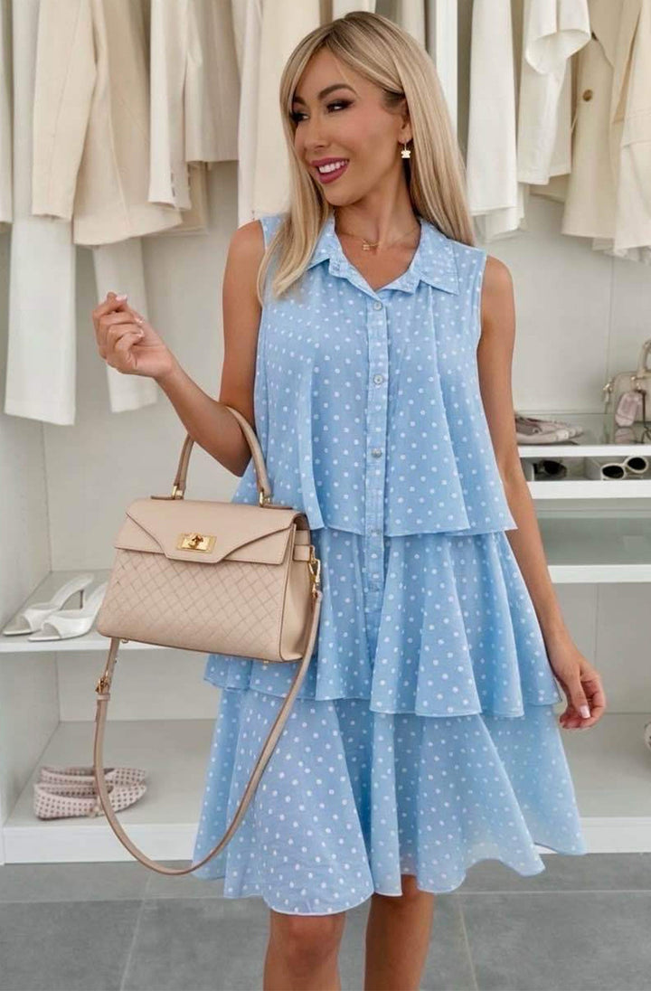Matilda Polka Dot Tiered Frill Sleeveless Button Midi Dress-Blue