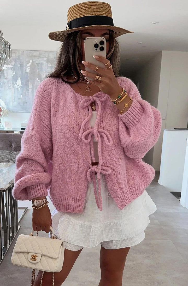 Meredith Tie-Up Knitted Cardigan-Pink