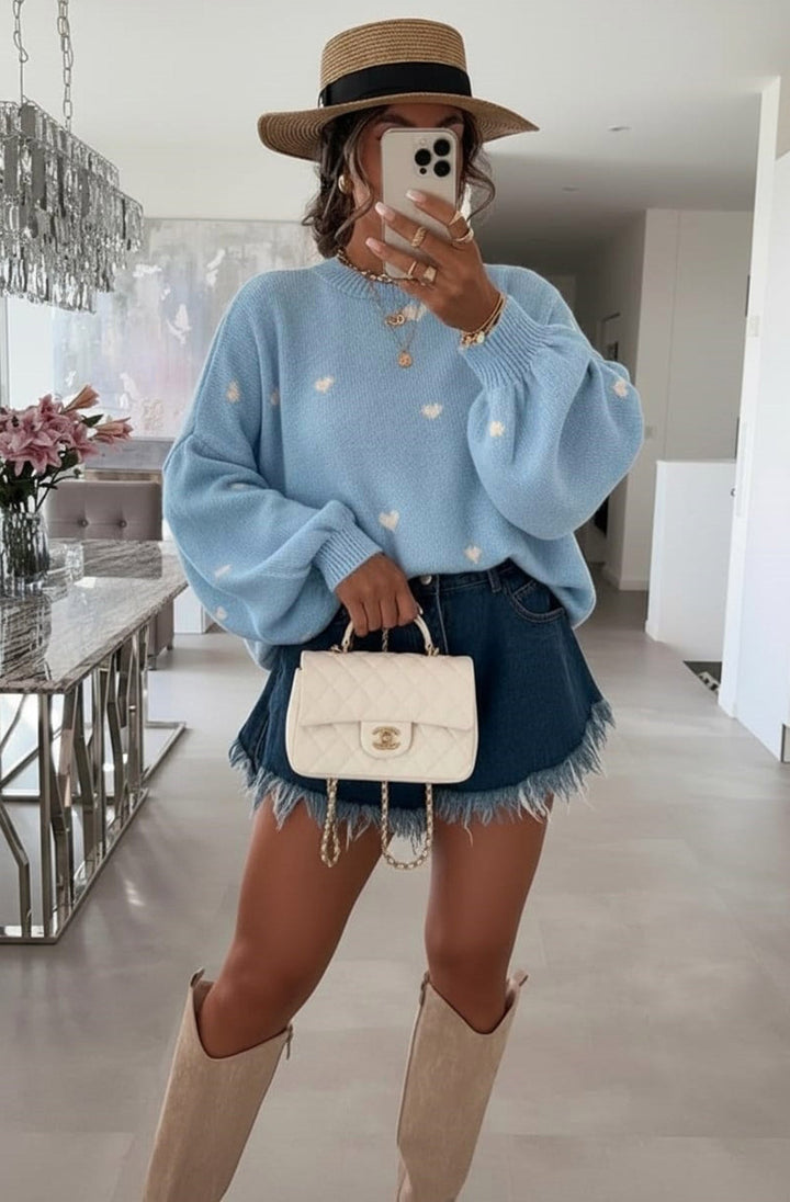 Merika 'Heart' Printed Knitted Jumper Sweater-Blue